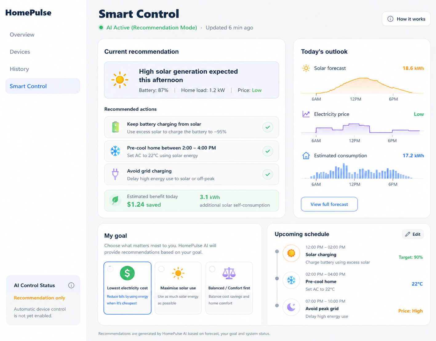 HomePulse Smart Control concept UI
